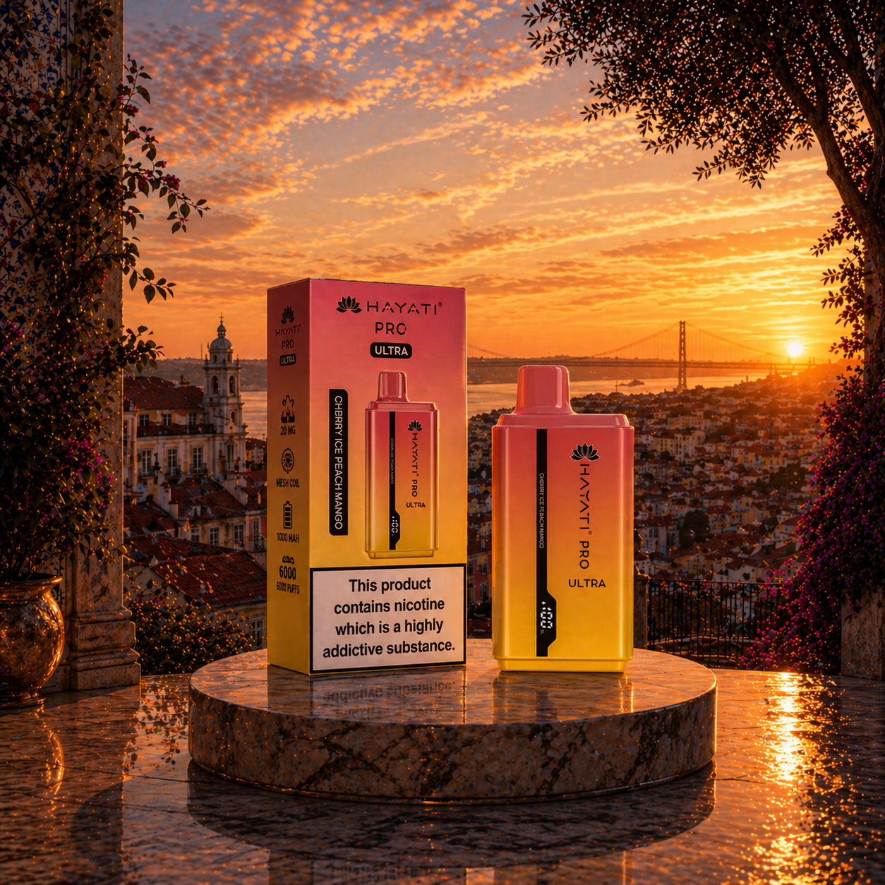 Hayati Pro Ultra 15K Portugal Vape Descartável Cherry Ice Peach Mango 15000 puffs - muitos puffs puff